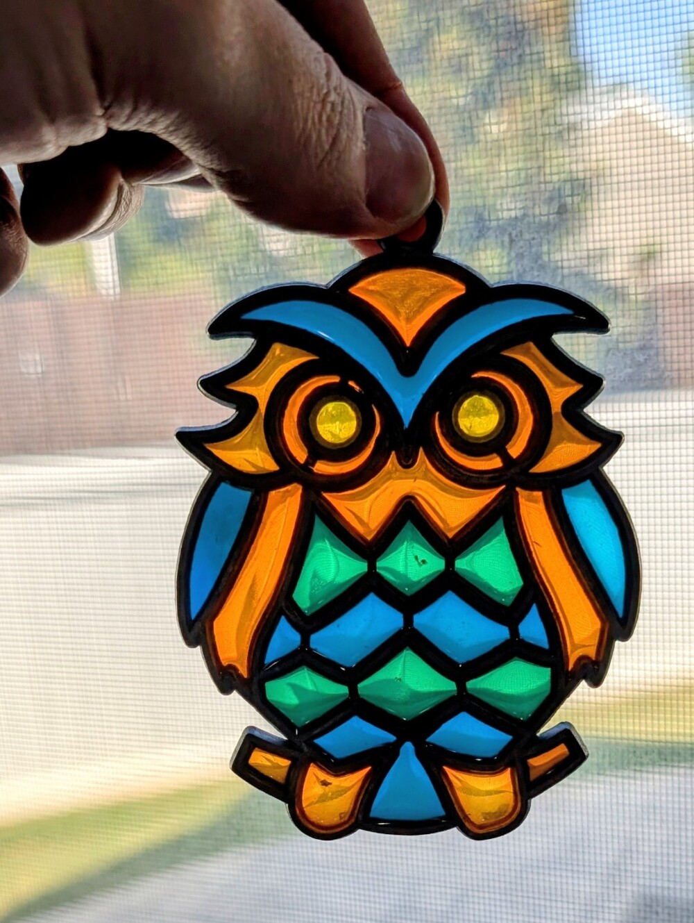 Vintage Stain Glass Owl Sun Catcher 1980s Window Decor Orange Blue Green Bird